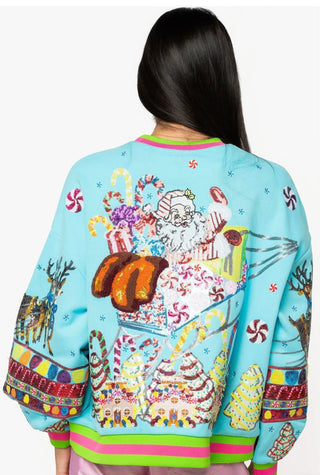 Queen of Sparkles Aqua Vintage Santa Gingerbread House Sweatshirt