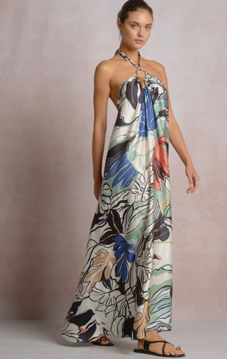 Elan Blue Botanical Halter Maxi Dress