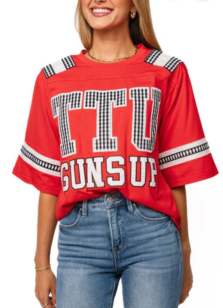 Queen of Sparkles Licensed Texas Tech Oversized Gingham Jersey