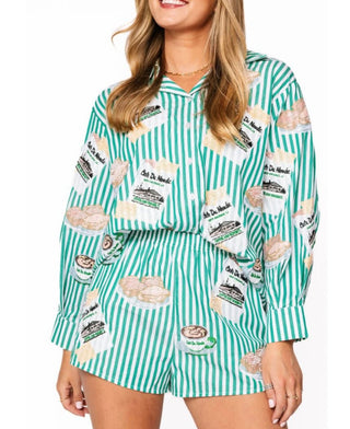 Queen of Sparkle Green and White Stripe Cafe Du Monde Icon Button Up Top