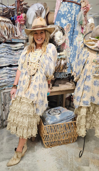 A Rare Bird Whispering Bluebell Sheer Top with Button Off Panel in Back
