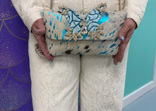 Fancy Hair on Hide Clutch Turquoise Butterfly/With Long Strap