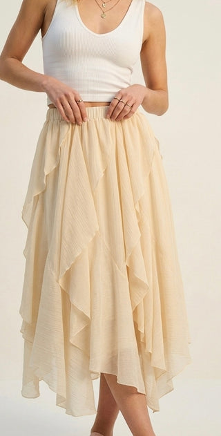 Q2 Cream Ruffle Asymmetrical Midi Skirt
