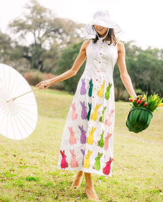 Queen of Sparkles White Multi Easter Bunny Button Up Cotton Midi Dress