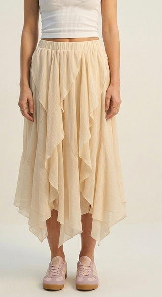 Q2 Cream Ruffle Asymmetrical Midi Skirt
