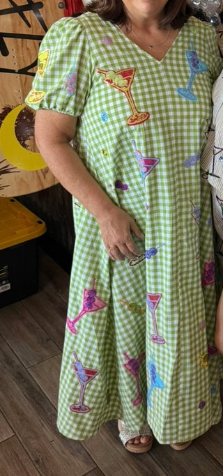 Queen of Sparkles Green and White Multi Color Martini Colorblock Gingham Dress