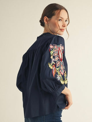 Navy Embroidered Puff Sleeve Top