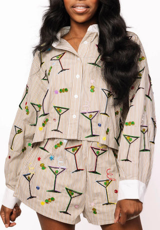 Queen of Sparkles Green Stripe Rainbow Martini Button Up Top