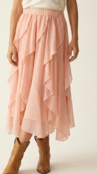 Q2 Pink Ruffle Asymmetrical Midi Skirt