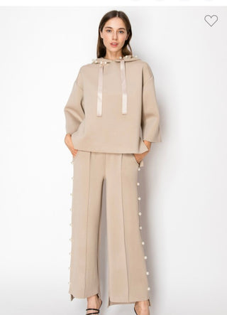 Taupe Scuba Set Francine Hoodie/Farrah Pant with Pearls