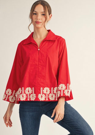 Red Poplin Top with Beige Rickrack
