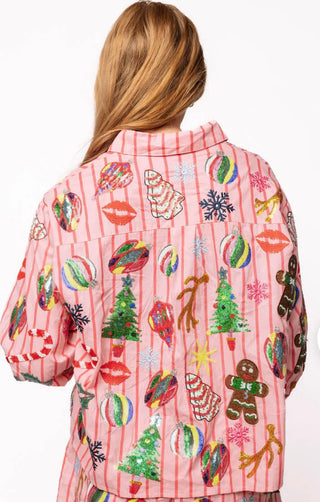 Queen of Sparkles Light Pink and Red Stripe Christmas Icon Button Up Top