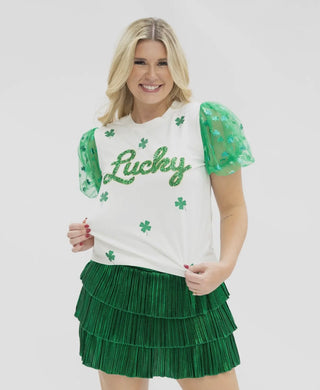 Sequin Lucky on Princess Top with Green Puff Sleeves