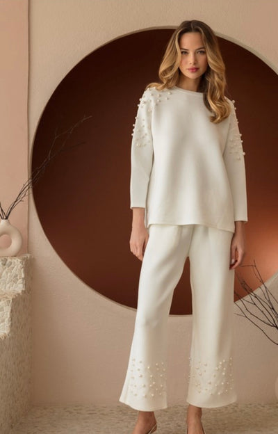 Off White Scuba Set Fiona Top/Faith Bottom with Pearls
