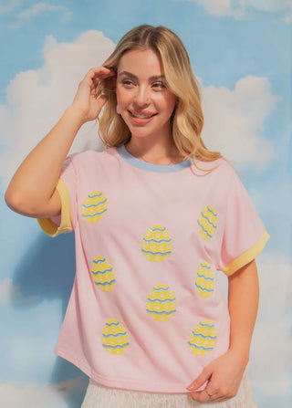 Sequin Easter Eggs Pink Cotton Top