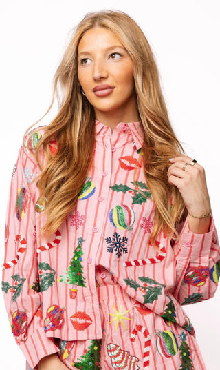 Queen of Sparkles Light Pink and Red Stripe Christmas Icon Button Up Top