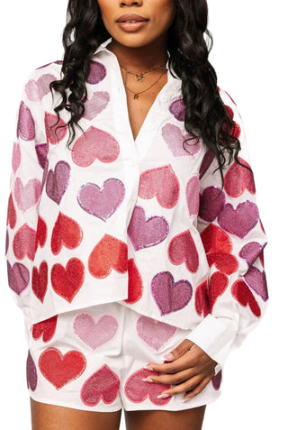 Queen of Sparkles White Multi Rhinestone Hearts Button Up top