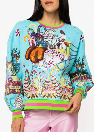 Queen of Sparkles Aqua Vintage Santa Gingerbread House Sweatshirt