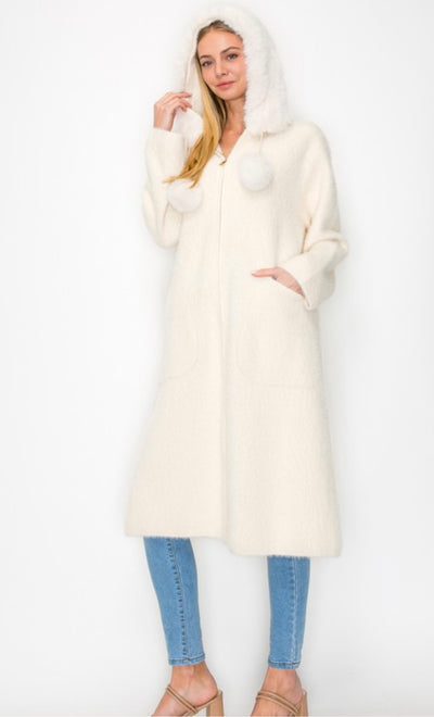 Cream Suraya Knitted Brushed Coat with Hoodie