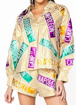 Queen of Sparkle Gold Stripe NOLA Street Signs Button Up Top