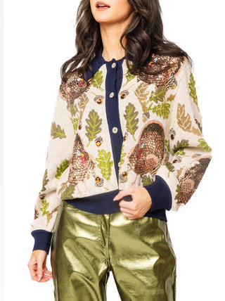 Queen of Sparkles Navy Trim Turkey, Leaf and Acorn Button Up