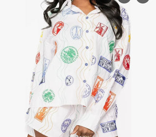 Queen of Sparkles Multi Passport Stamp Cotton Button Up Top