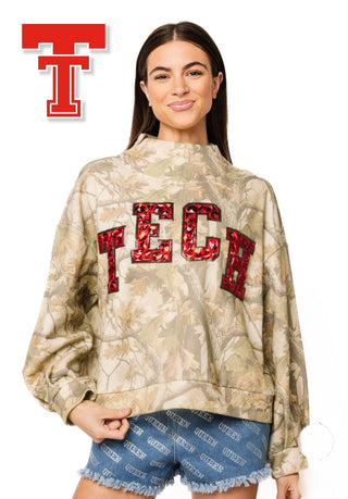 Queen of Sparkles Licensed Texas Tech Mock Neck Camo Sweatshirt