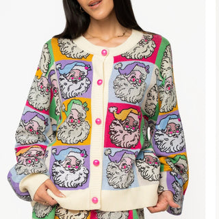 Queen of Sparkles Pastel Colorblock Santa Button Up Cardigan
