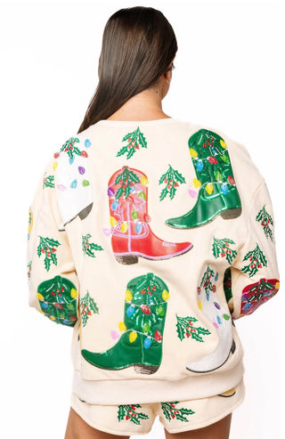 Queen of Sparkles Beige Multi Christmas Cowboy Boots Sweatshirt