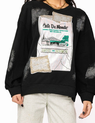 Queen Of Sparkles Color Licensed Black Cafe Du Monde Beignet Bag and Powdered Sugar Sweatshirt