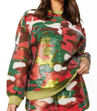 Queen of Sparkles Red and Green Full Sequin Camo Sweatshirt