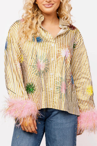 Queen of Sparkle Gold Stripe Multi Sparkler Button Up Top with Pink Feather Sleeves