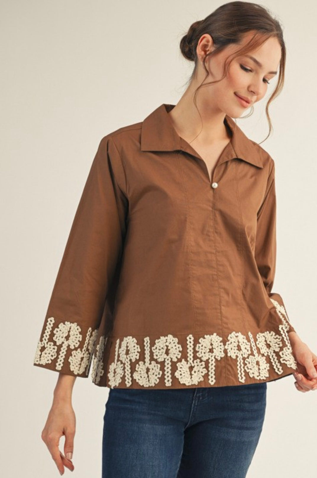 Mocha Poplin Top with Beige Rickrack