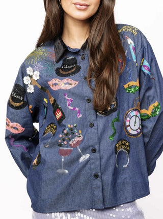 Denim NYE Icon Button Up Top With Black Velvet Collar