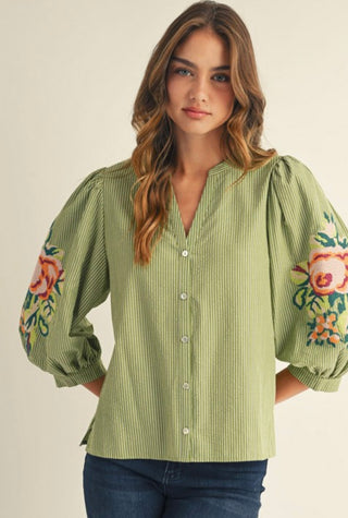 Olive Embroidered Puff Sleeve Top