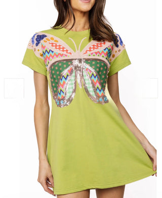Queen of Sparkles Green Patchwork Butterfly Tee Dress