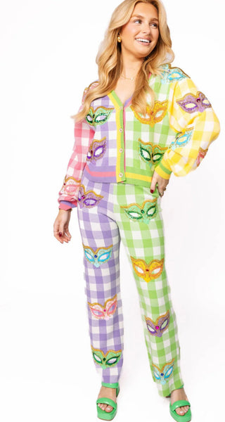 Queen of Sparkles Color Block Pastel Gingham Mardi Gras Knit Mask Pant