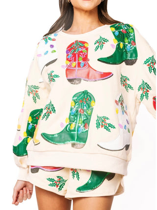 Queen of Sparkles Beige Multi Christmas Cowboy Boots Sweatshirt