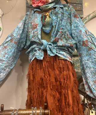 Turquoise and Rust Eyelet Puff Sleeve Button Down Top
