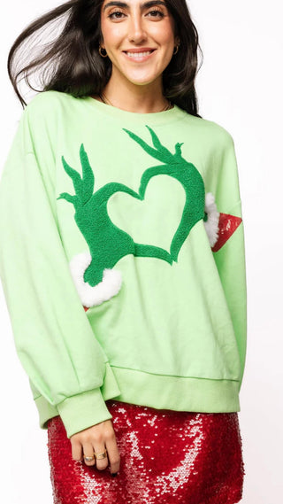 Queen of Sparkles Green Grinch Heart Hands Sweatshirt