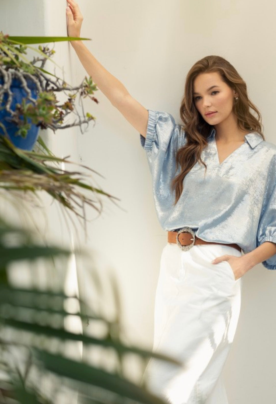 Blue shimmer puff sleeve blouse