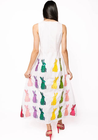 Queen of Sparkles White Multi Easter Bunny Button Up Cotton Midi Dress