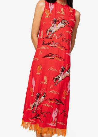 Queen of Sparkles Red Bucking Cowgirl Fringe Bottom Midi Tank Dress