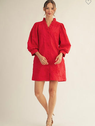 Red Shift Dress with Puff Sleeves