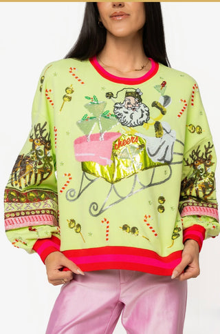 Queen of Sparkles Light Green Martini Vintage Santa Sweatshirt