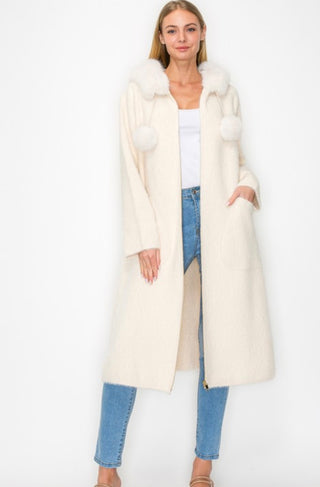 Cream Suraya Knitted Brushed Coat with Hoodie
