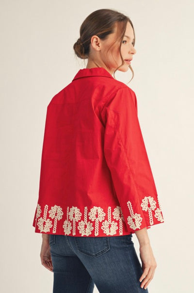 Red Poplin Top with Beige Rickrack