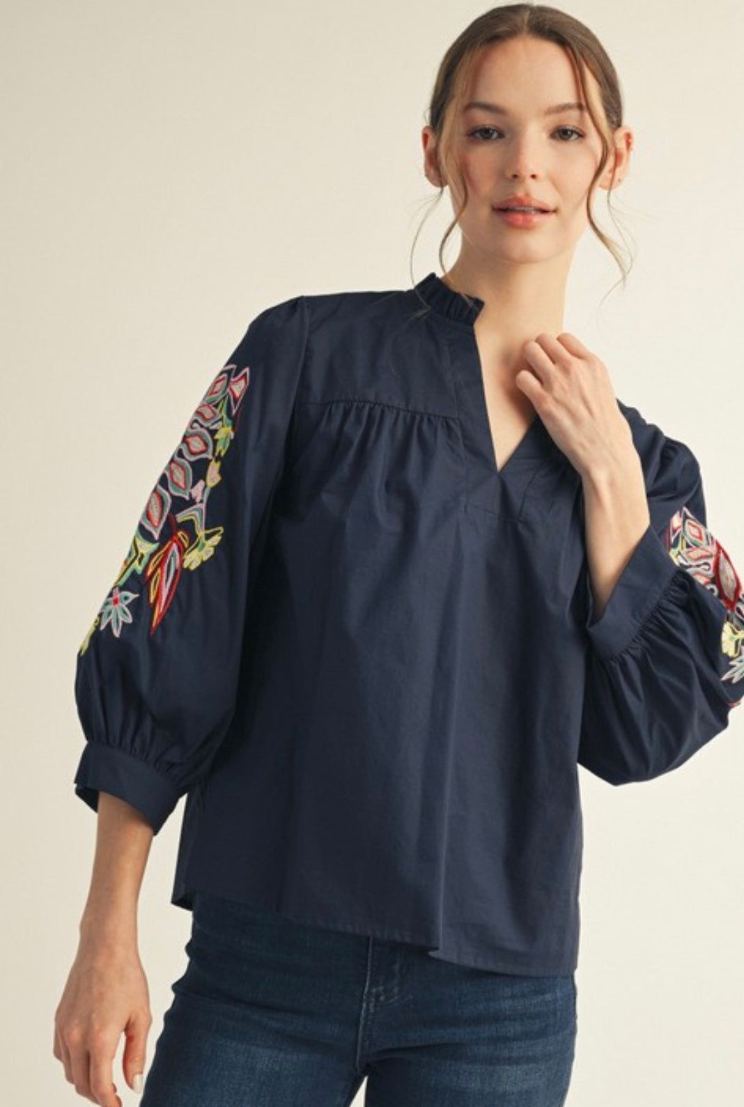 Navy Embroidered Puff Sleeve Top