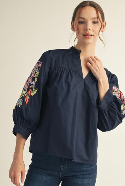 Navy Embroidered Puff Sleeve Top