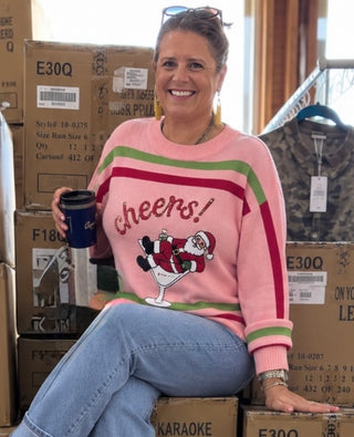 Queen of Sparkles Light Pink, Red and Green Striped Cheers Santa in Martini Sweater